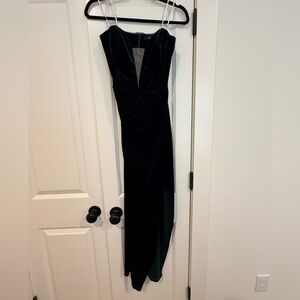 Lulu's Dark Green Strapless Velvet Evening Gown with Sheer V-Inset